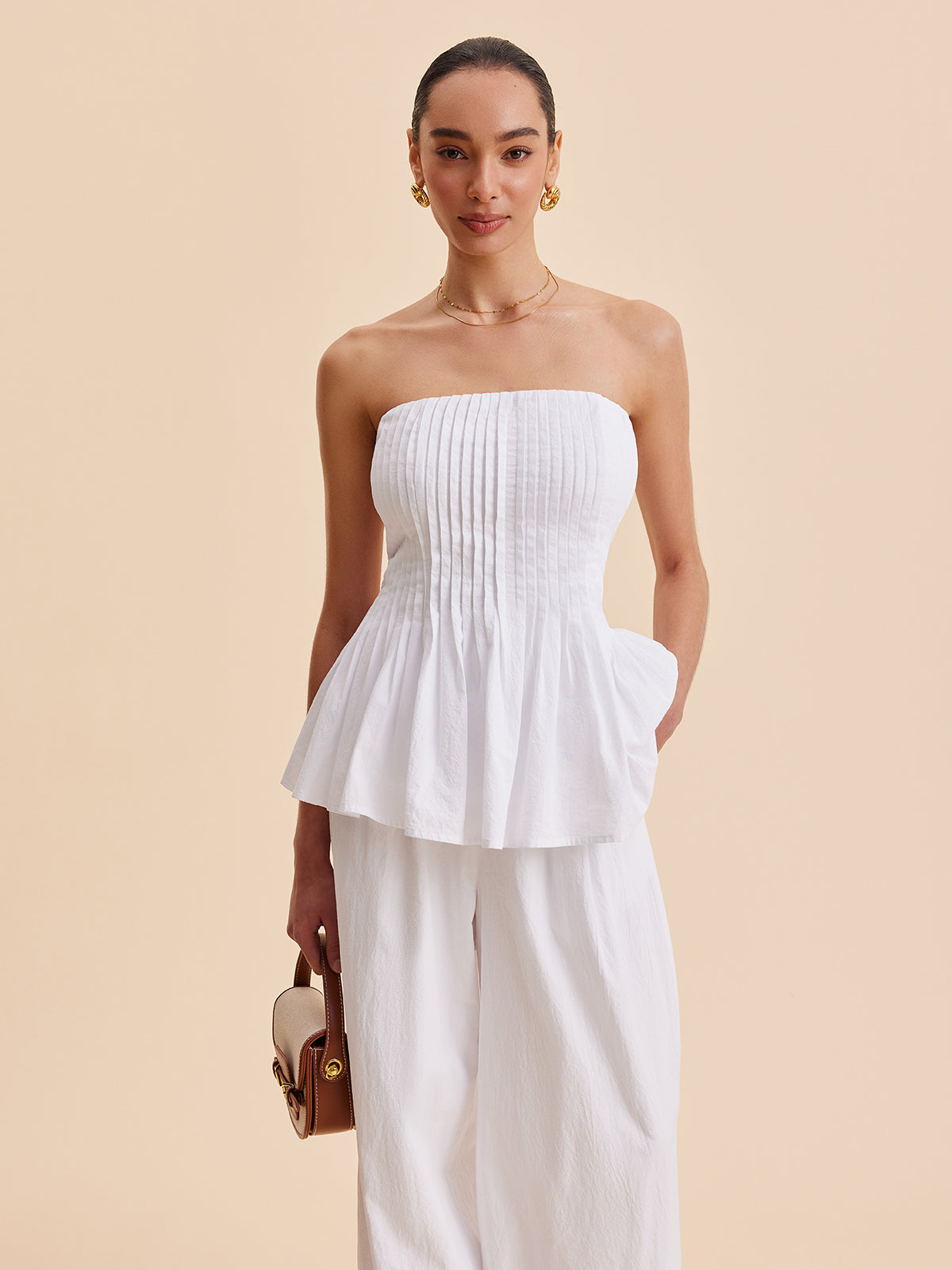 Pamuk Plise Askılı Straplez Peplum Üst