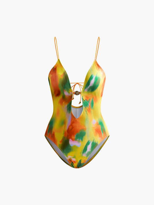 Cut Metal Print One Piece Swimsuit