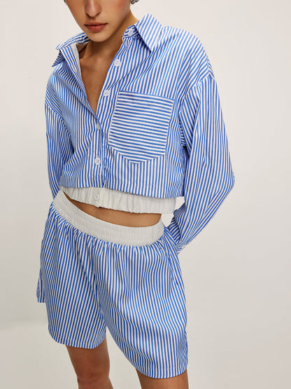 Patchwork Pinstripe Yaka Crop Şort Takım