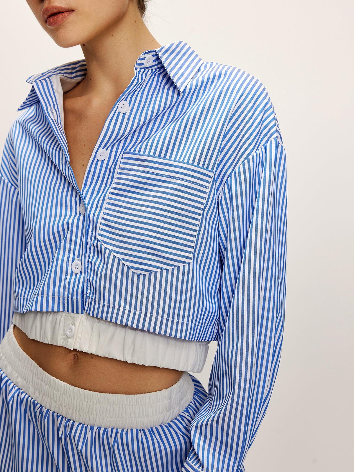 Patchwork Pinstripe Yaka Crop Şort Takım