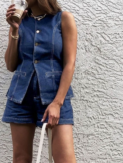 Şortlu Denim Peplum Yelek Takım