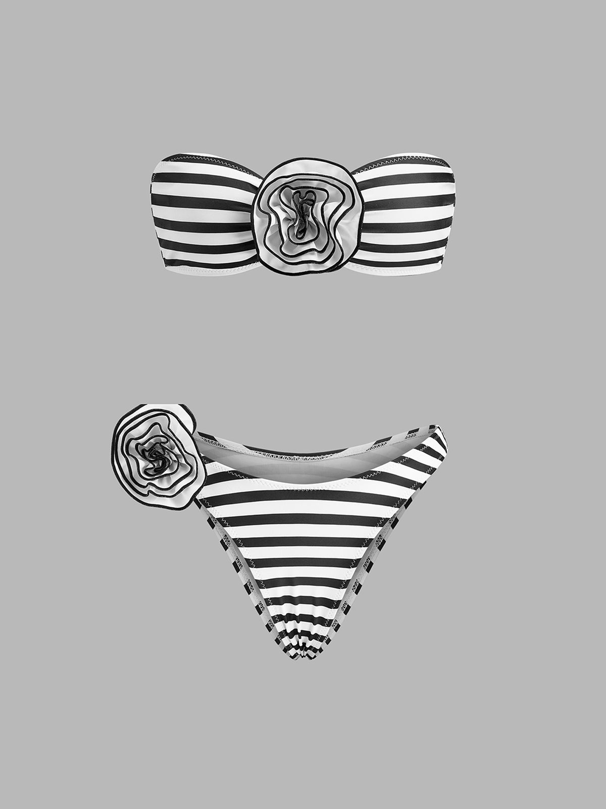 Çizgili Çiçek Detaylı Bandeau Bikini Seti