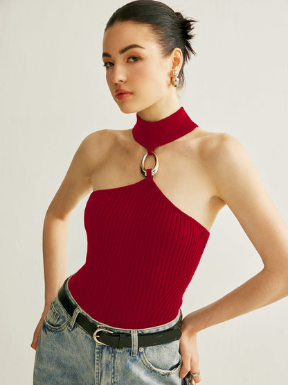 Yüzük Detaylı Ribbed Halter Üst