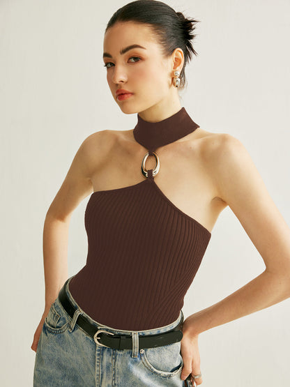 Yüzük Detaylı Ribbed Halter Üst