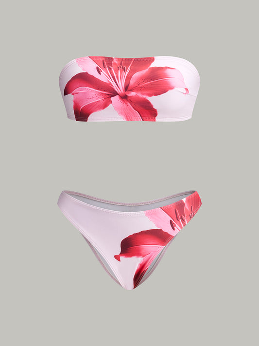 Çiçek Desenli Bandeau Bikini ve Üst Etek